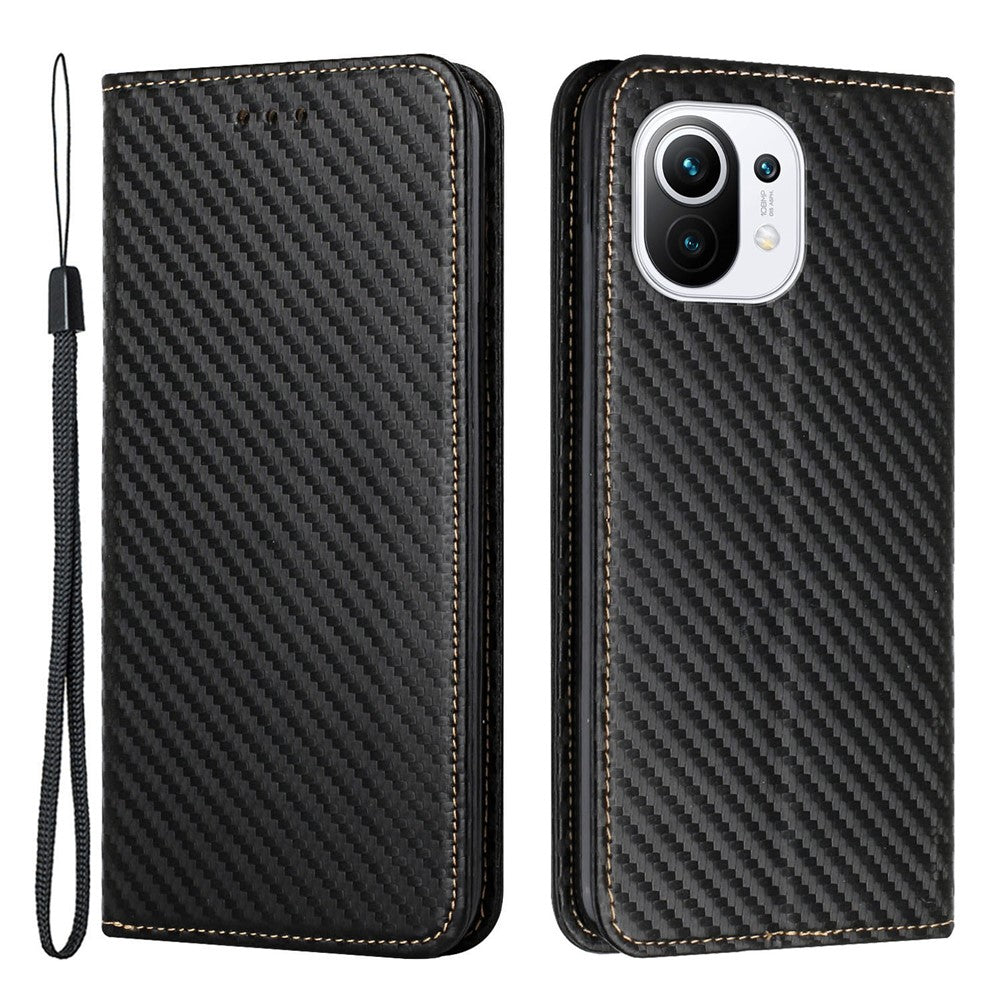 Flip Magnetic Auto-absorbed Carbon Fiber Texture Anti-fall Stand Wallet PU Leather Case Cover with Hand Strap for Xiaomi Mi 11