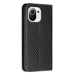 Flip Magnetic Auto-absorbed Carbon Fiber Texture Anti-fall Stand Wallet PU Leather Case Cover with Hand Strap for Xiaomi Mi 11