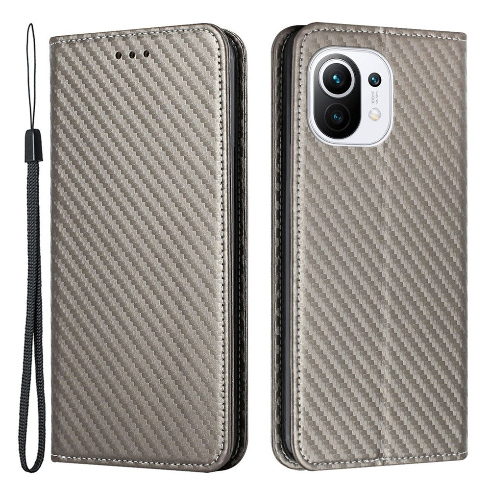 Flip Magnetic Auto-absorbed Carbon Fiber Texture Anti-fall Stand Wallet PU Leather Case Cover with Hand Strap for Xiaomi Mi 11