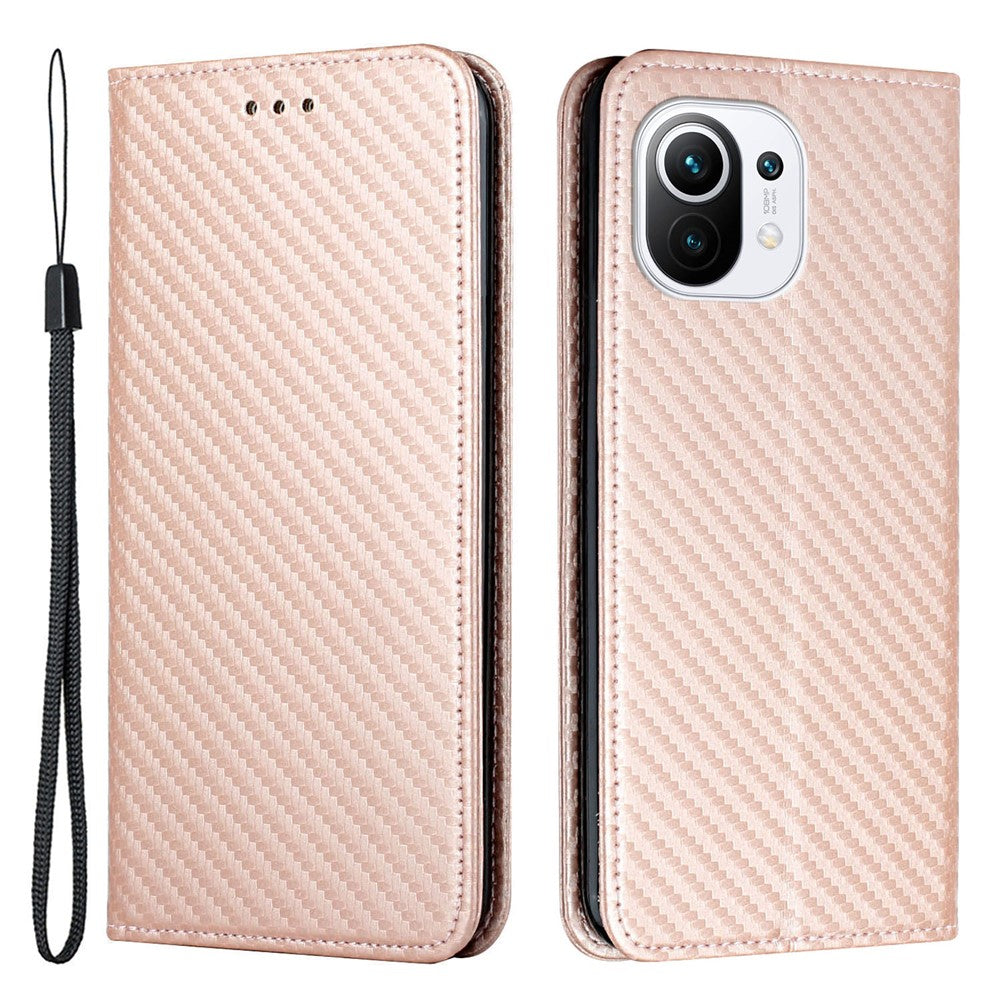 Flip Magnetic Auto-absorbed Carbon Fiber Texture Anti-fall Stand Wallet PU Leather Case Cover with Hand Strap for Xiaomi Mi 11