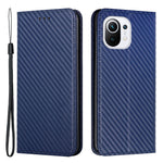 Flip Magnetic Auto-absorbed Carbon Fiber Texture Anti-fall Stand Wallet PU Leather Case Cover with Hand Strap for Xiaomi Mi 11
