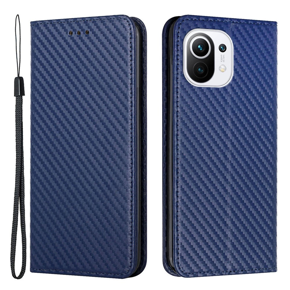 Flip Magnetic Auto-absorbed Carbon Fiber Texture Anti-fall Stand Wallet PU Leather Case Cover with Hand Strap for Xiaomi Mi 11