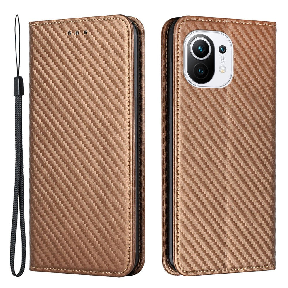 Flip Magnetic Auto-absorbed Carbon Fiber Texture Anti-fall Stand Wallet PU Leather Case Cover with Hand Strap for Xiaomi Mi 11