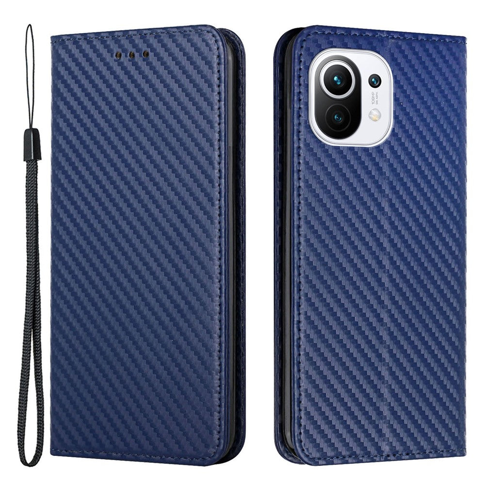 Flipdesign med magnetisk automatisk fastgørelse, kulfibertekstur, støttefod og pung etui i PU-læder med håndledsrem til Xiaomi Mi 11 Lite 4G/5G/11 Lite 5G NE