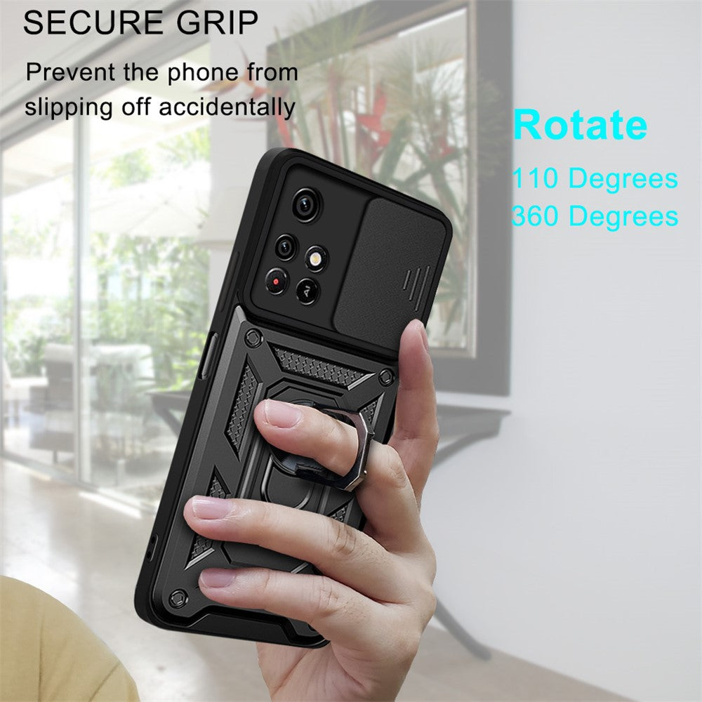 For Xiaomi Redmi Note 11 5G (China) (MediaTek)/Note 11T 5G/Note 11S 5G Camera Slide Cover Ring Holder Kickstand Stylish Anti-scratch PC + TPU Phone Cover Case