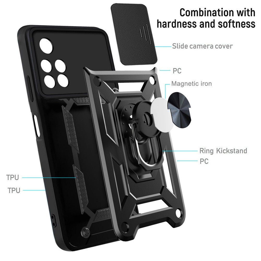 For Xiaomi Redmi Note 11 5G (China) (MediaTek)/Note 11T 5G/Note 11S 5G Camera Slide Cover Ring Holder Kickstand Stylish Anti-scratch PC + TPU Phone Cover Case