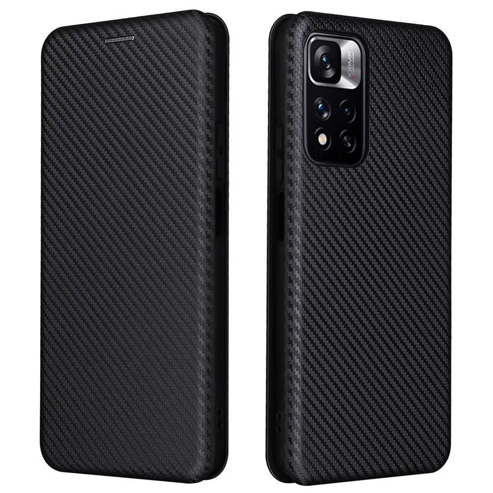 For Xiaomi Redmi Note 11 Pro 5G (China) (MediaTek)/11 Pro+ 5G Carbon Fiber Texture Anti-scratch Auto-absorbed Magnetic Closure Ring Strap Leather Stand Phone Case