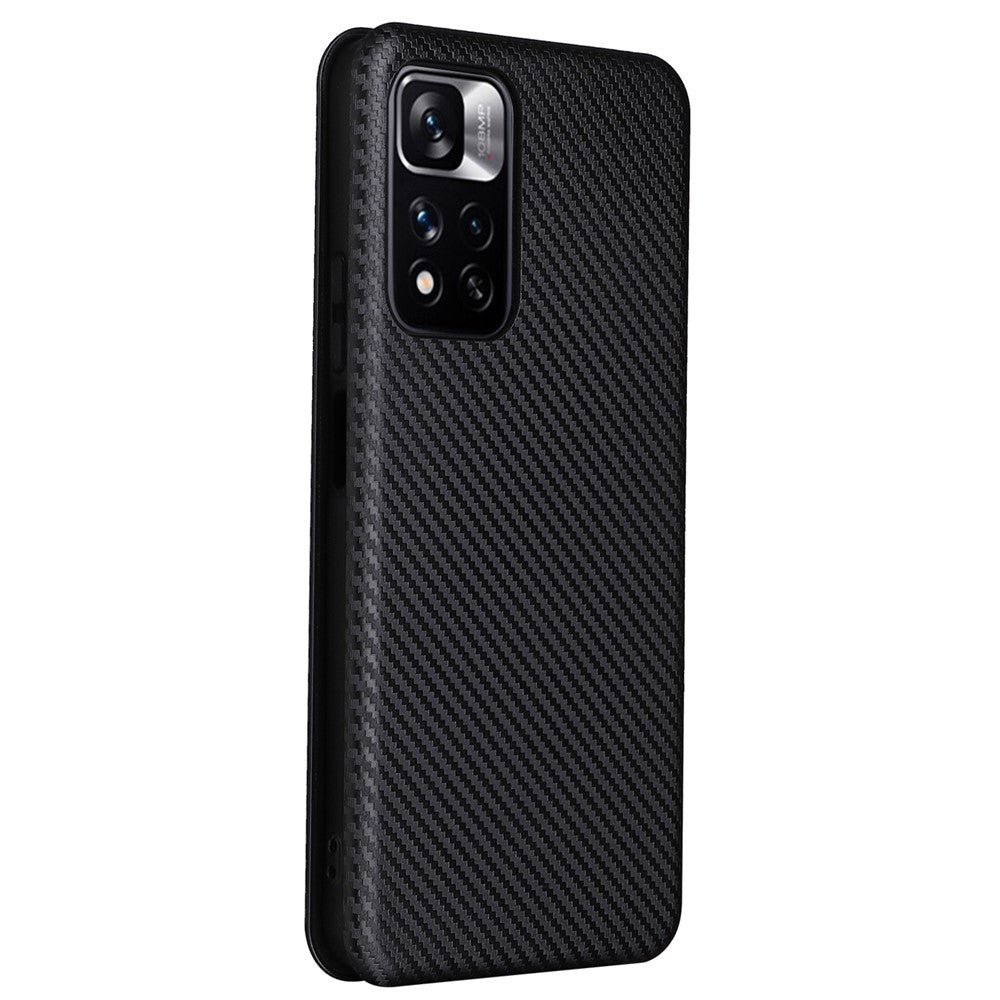 For Xiaomi Redmi Note 11 Pro 5G (China) (MediaTek)/11 Pro+ 5G Carbon Fiber Texture Anti-scratch Auto-absorbed Magnetic Closure Ring Strap Leather Stand Phone Case
