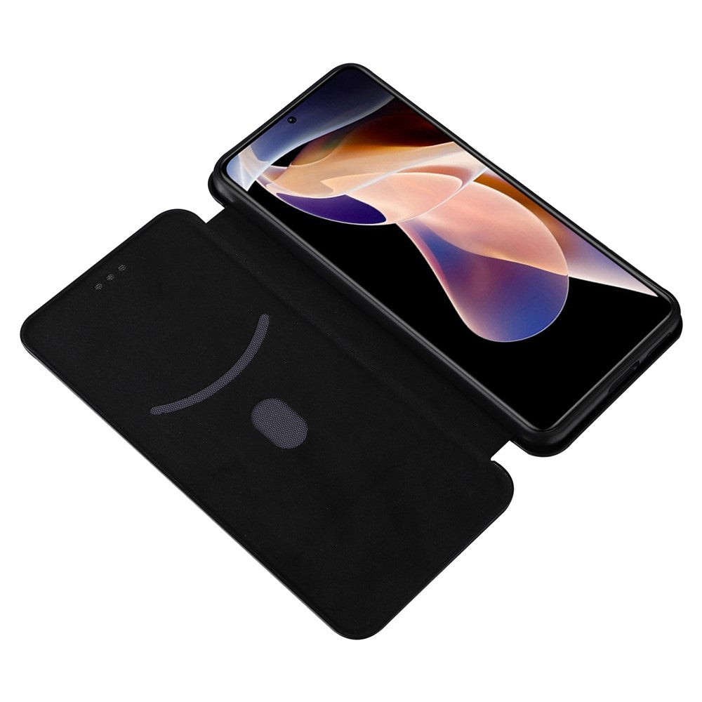 For Xiaomi Redmi Note 11 Pro 5G (China) (MediaTek)/11 Pro+ 5G Carbon Fiber Texture Anti-scratch Auto-absorbed Magnetic Closure Ring Strap Leather Stand Phone Case