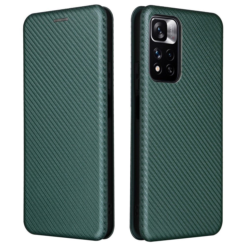 For Xiaomi Redmi Note 11 Pro 5G (China) (MediaTek)/11 Pro+ 5G Carbon Fiber Texture Anti-scratch Auto-absorbed Magnetic Closure Ring Strap Leather Stand Phone Case