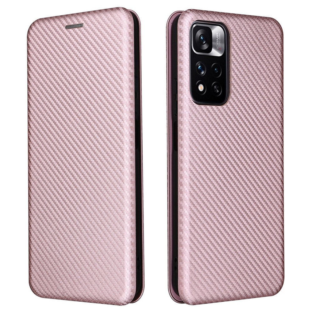 For Xiaomi Redmi Note 11 Pro 5G (China) (MediaTek)/11 Pro+ 5G Carbon Fiber Texture Anti-scratch Auto-absorbed Magnetic Closure Ring Strap Leather Stand Phone Case