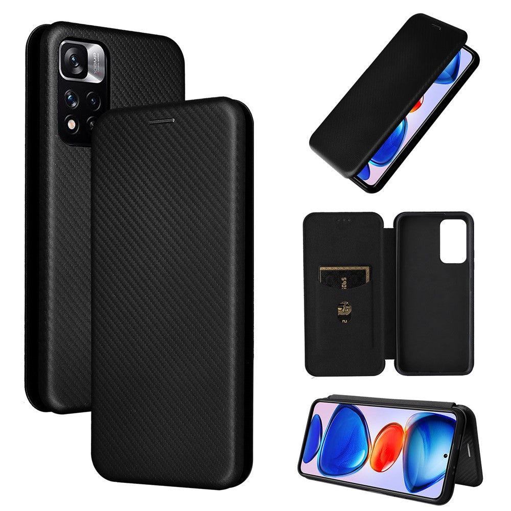 Korthållare, ringrem, kolfiberstruktur, reptåligt, fallsäkert, självabsorberande magnetisk stängning, läderfodral med stativ för Xiaomi Redmi Note 11 5G (Kina) (MediaTek)/Redmi Note 11T 5G/Redmi Note 11S 5G