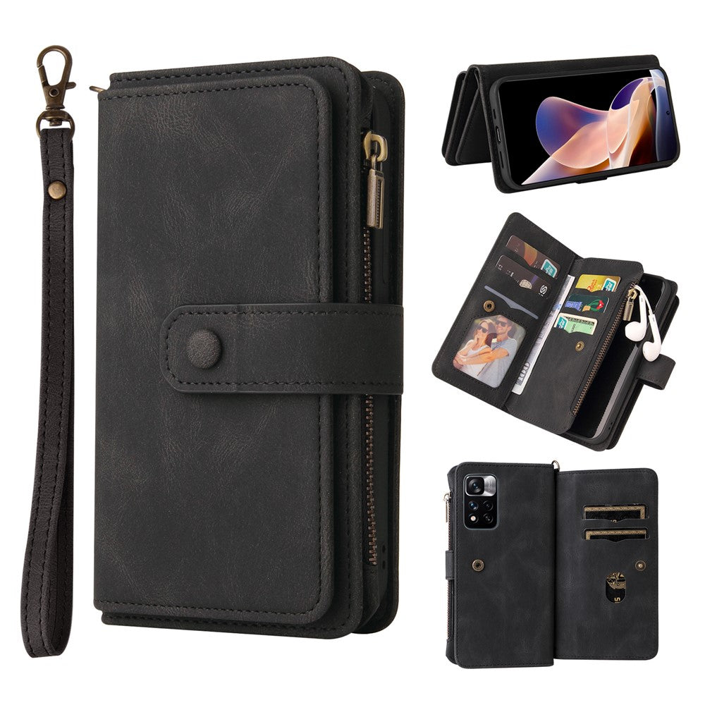 For Xiaomi Redmi Note 11 Pro 5G (China) (Mediatek) / Note 11 Pro+ 5G Zipper Wallet Case with 15 Card Slots and Strap Leather Phone Cover