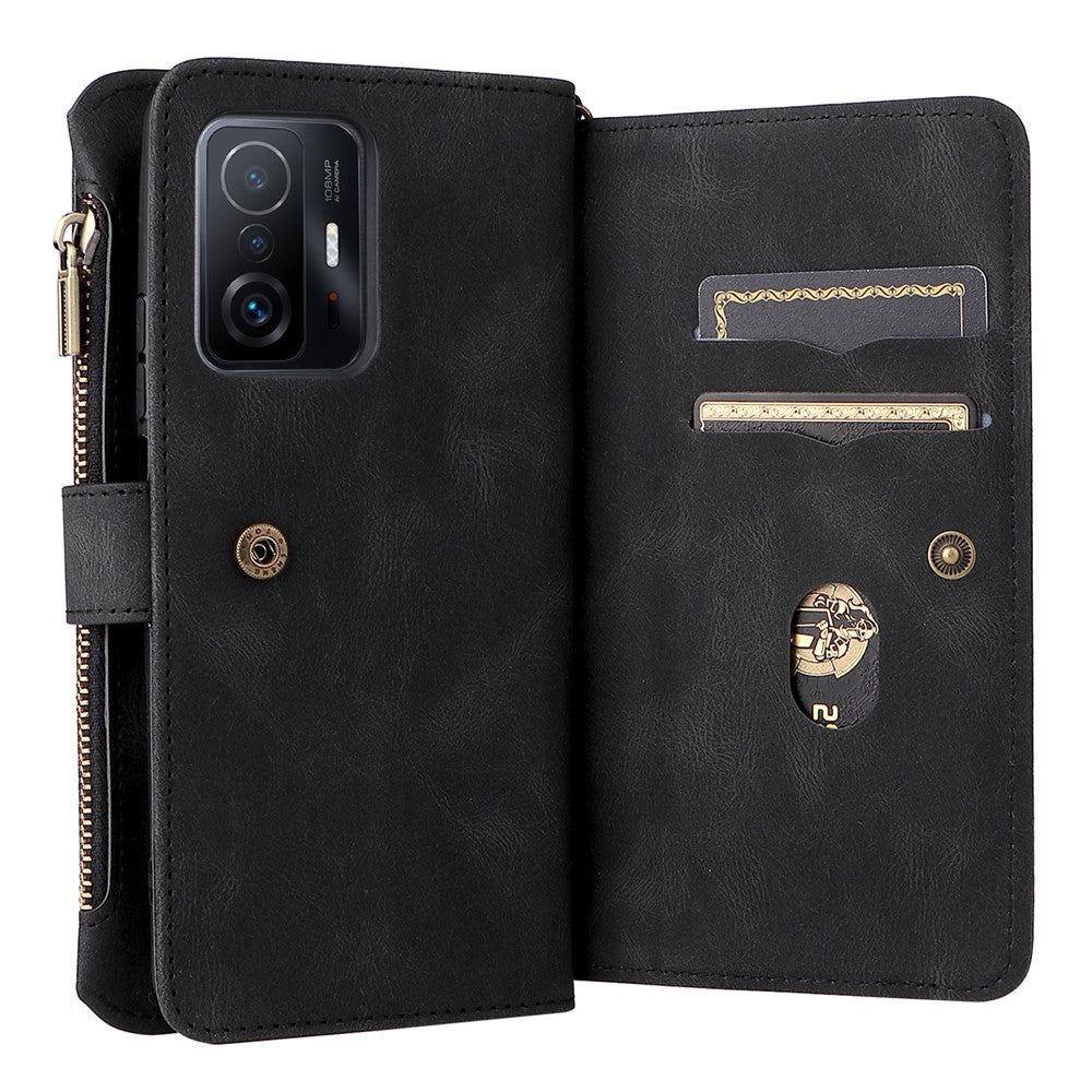 Xiaomi 11T / 11T Pro Plånboksfodral med dragkedja, 15 kortfack och rem Lädermobilfodral