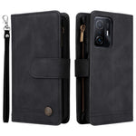 Stribet præget skin-touch PU-læderetui med lynlås, stativ, flere kortlommer og rem, beskyttende etui til Xiaomi 11T / 11T Pro