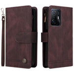 Stripes Imprinted Skin-touch PU Leather Zipper Wallet Stand Case Multiple Card Slots Holder Protective Cover with Strap for Xiaomi 11T / 11T Pro