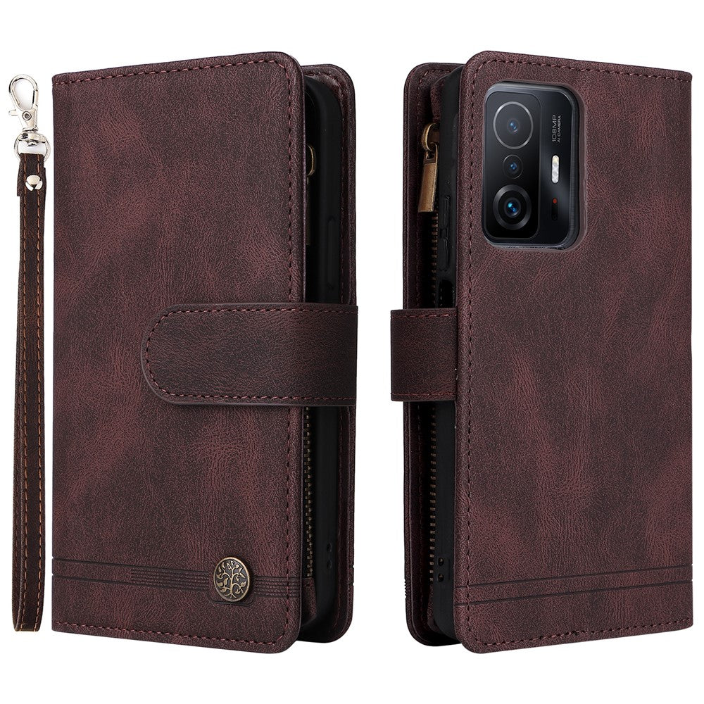 Stripes Imprinted Skin-touch PU Leather Zipper Wallet Stand Case Multiple Card Slots Holder Protective Cover with Strap for Xiaomi 11T / 11T Pro