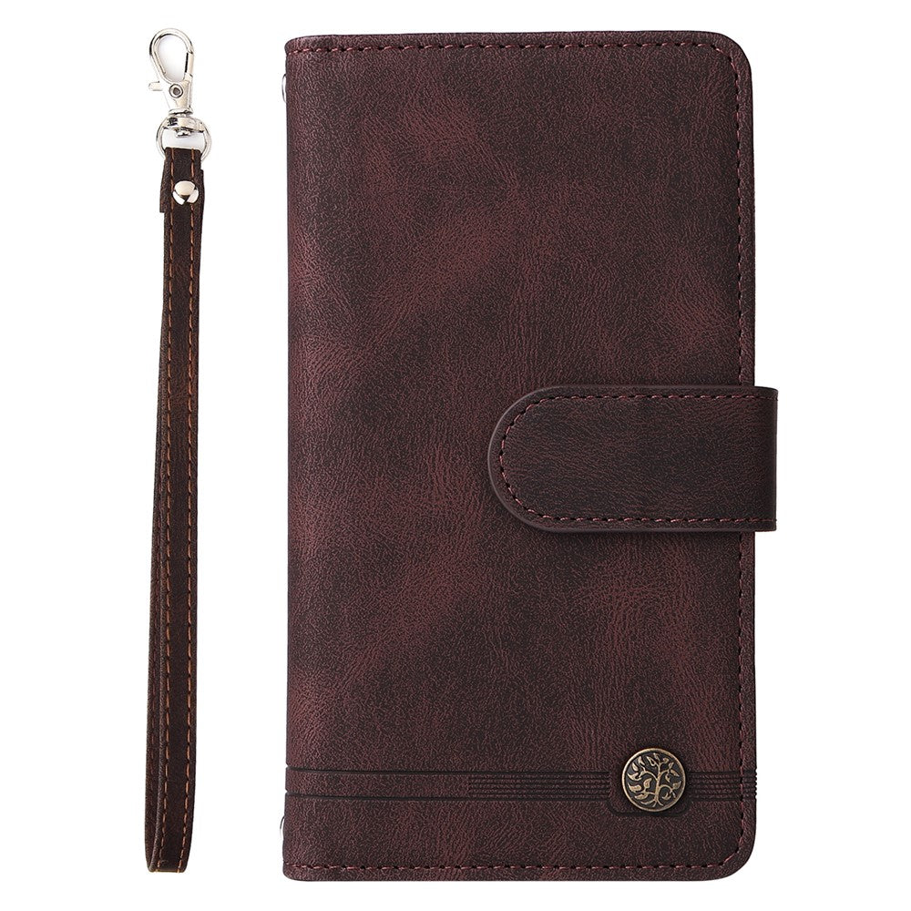 Stripes Imprinted Skin-touch PU Leather Zipper Wallet Stand Case Multiple Card Slots Holder Protective Cover with Strap for Xiaomi 11T / 11T Pro