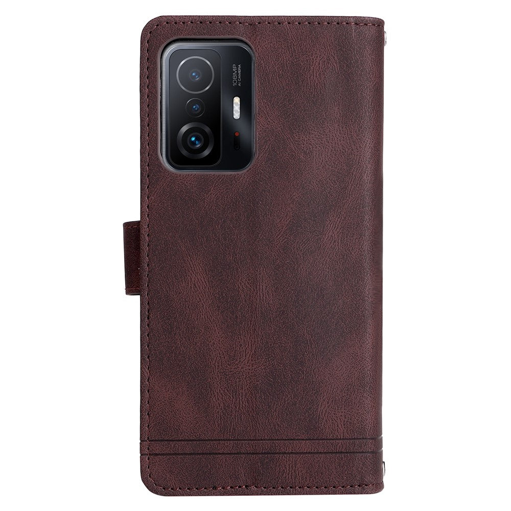 Stripes Imprinted Skin-touch PU Leather Zipper Wallet Stand Case Multiple Card Slots Holder Protective Cover with Strap for Xiaomi 11T / 11T Pro