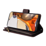 Stripes Imprinted Skin-touch PU Leather Zipper Wallet Stand Case Multiple Card Slots Holder Protective Cover with Strap for Xiaomi 11T / 11T Pro