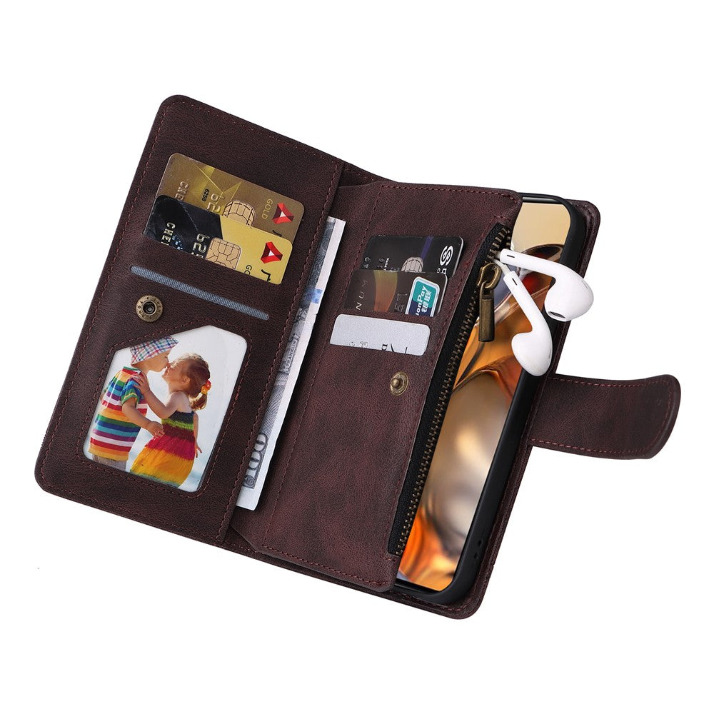 Stripes Imprinted Skin-touch PU Leather Zipper Wallet Stand Case Multiple Card Slots Holder Protective Cover with Strap for Xiaomi 11T / 11T Pro