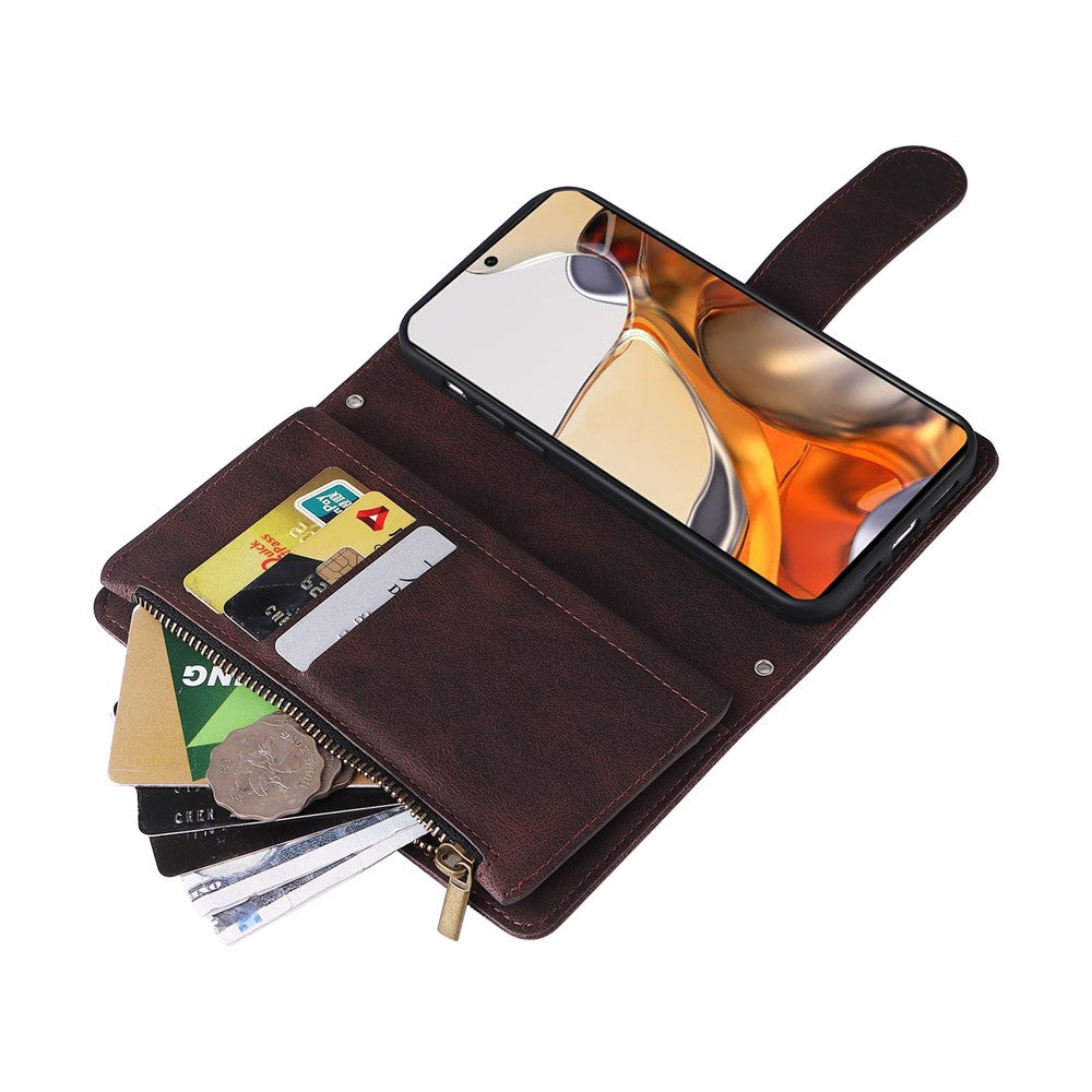 Stripes Imprinted Skin-touch PU Leather Zipper Wallet Stand Case Multiple Card Slots Holder Protective Cover with Strap for Xiaomi 11T / 11T Pro