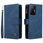 Stripes Imprinted Skin-touch PU Leather Zipper Wallet Stand Case Multiple Card Slots Holder Protective Cover with Strap for Xiaomi 11T / 11T Pro