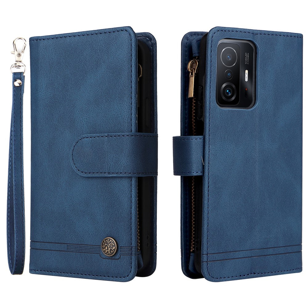 Stripes Imprinted Skin-touch PU Leather Zipper Wallet Stand Case Multiple Card Slots Holder Protective Cover with Strap for Xiaomi 11T / 11T Pro