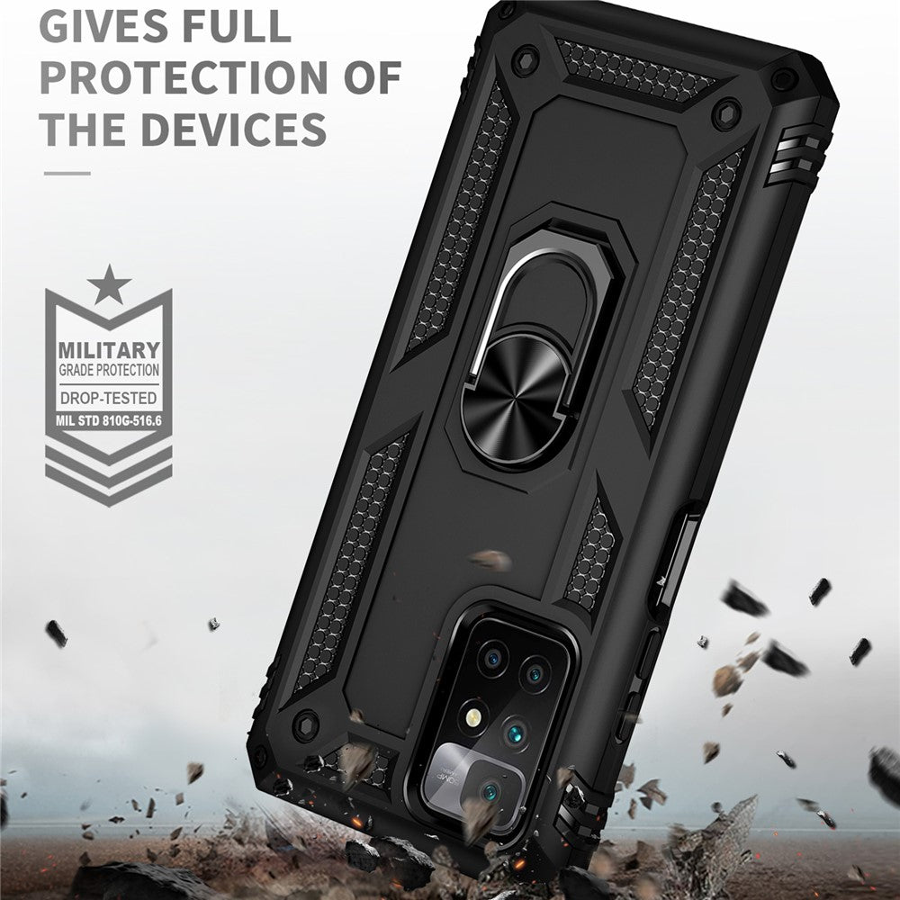 Heavy Duty Soft Flexible TPU Hard PC Anti-Slip Protective Phone Case with Ring Car Mount Kickstand for Xiaomi Redmi Note 11 4G (MediaTek)/Redmi 10 4G (2021)/Redmi 10 2022 4G