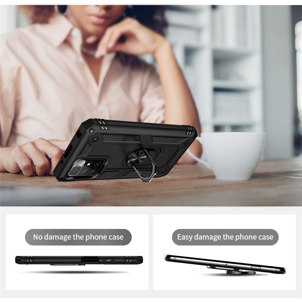 Heavy Duty Soft Flexible TPU Hard PC Anti-Slip Protective Phone Case with Ring Car Mount Kickstand for Xiaomi Redmi Note 11 4G (MediaTek)/Redmi 10 4G (2021)/Redmi 10 2022 4G