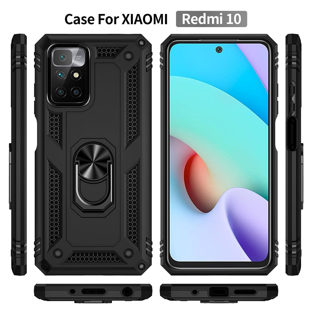Heavy Duty Soft Flexible TPU Hard PC Anti-Slip Protective Phone Case with Ring Car Mount Kickstand for Xiaomi Redmi Note 11 4G (MediaTek)/Redmi 10 4G (2021)/Redmi 10 2022 4G