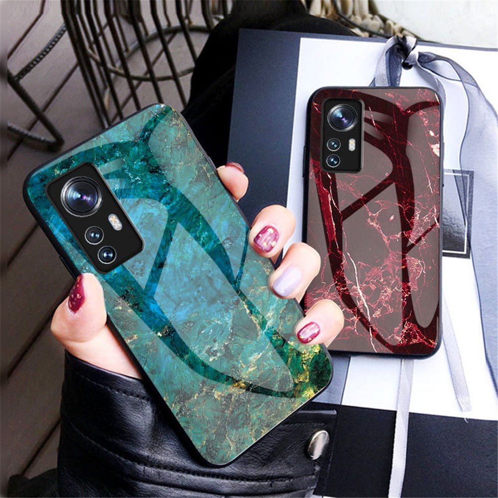 For Xiaomi 12 5G/12X 5G/12S 5G Marble Pattern Shockproof TPU Bumper Tempered Glass + PC Back Cover Well-protected Phone Case
