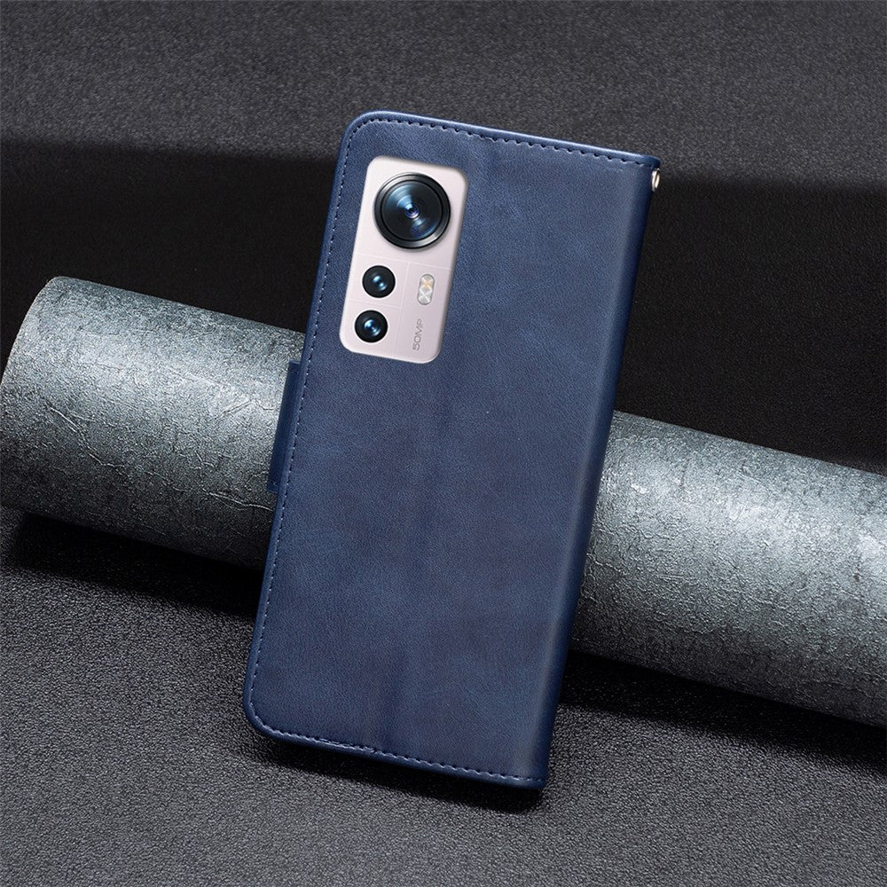 For Xiaomi 12 5G/12X 5G/12S 5G Textured Solid Color PU Leather Folio Flip Cover Stand Magnetic Phone Case with Strap
