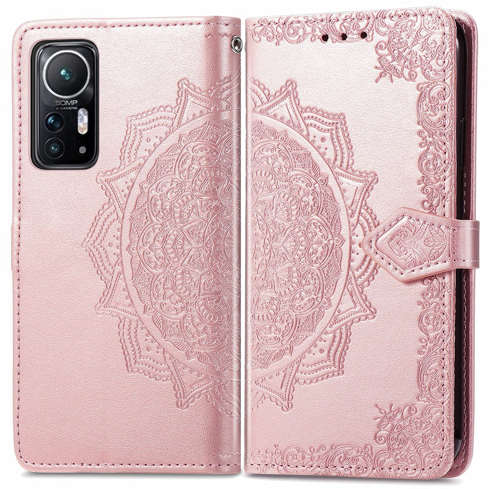 Xiaomi 12 5G/12X 5G/12S 5G præget mandalablomst, PU-læder, magnetisk flipcover i pungdesign, stødsikkert beskyttelsescover til mobil med rem