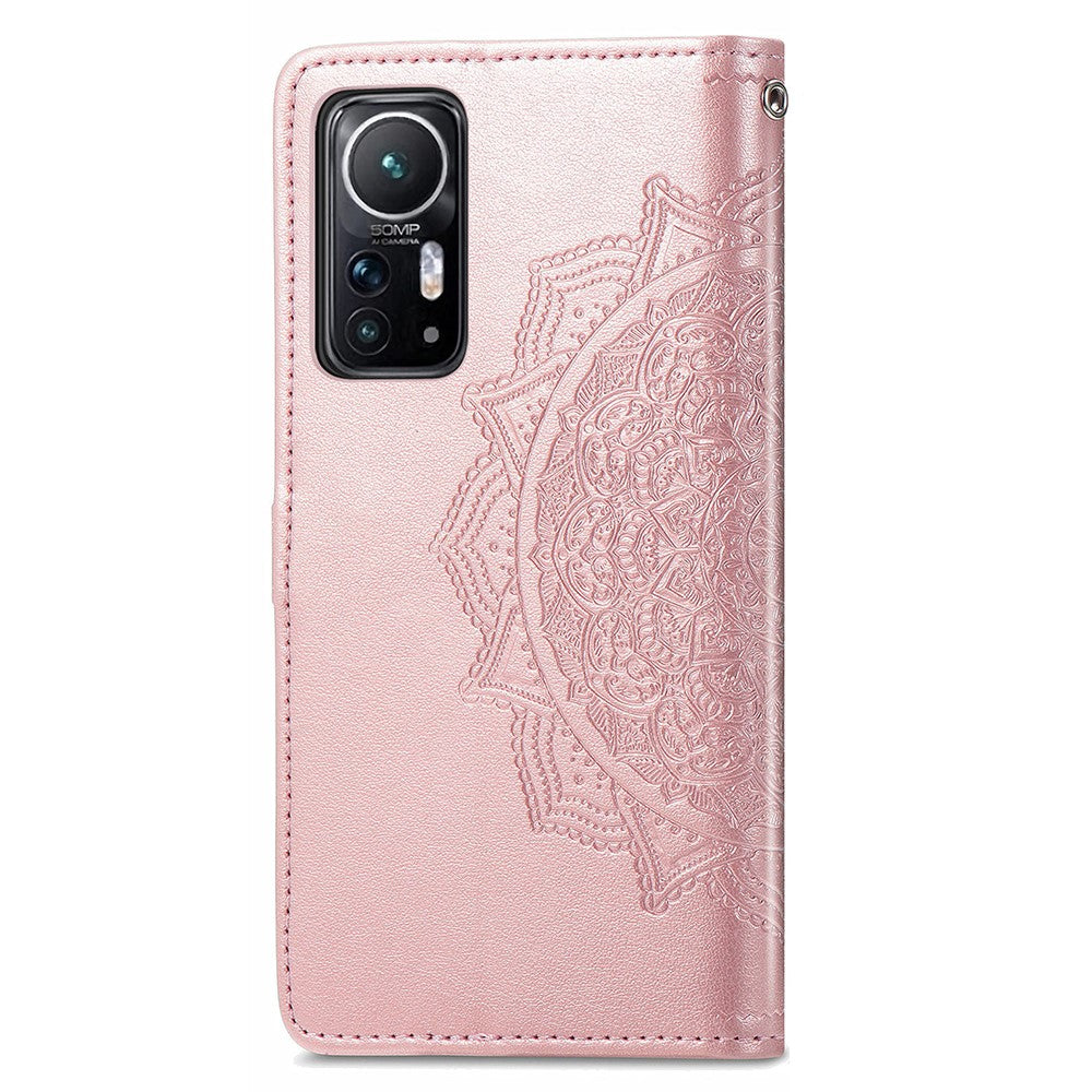 Xiaomi 12 5G/12X 5G/12S 5G præget mandalablomst, PU-læder, magnetisk flipcover i pungdesign, stødsikkert beskyttelsescover til mobil med rem