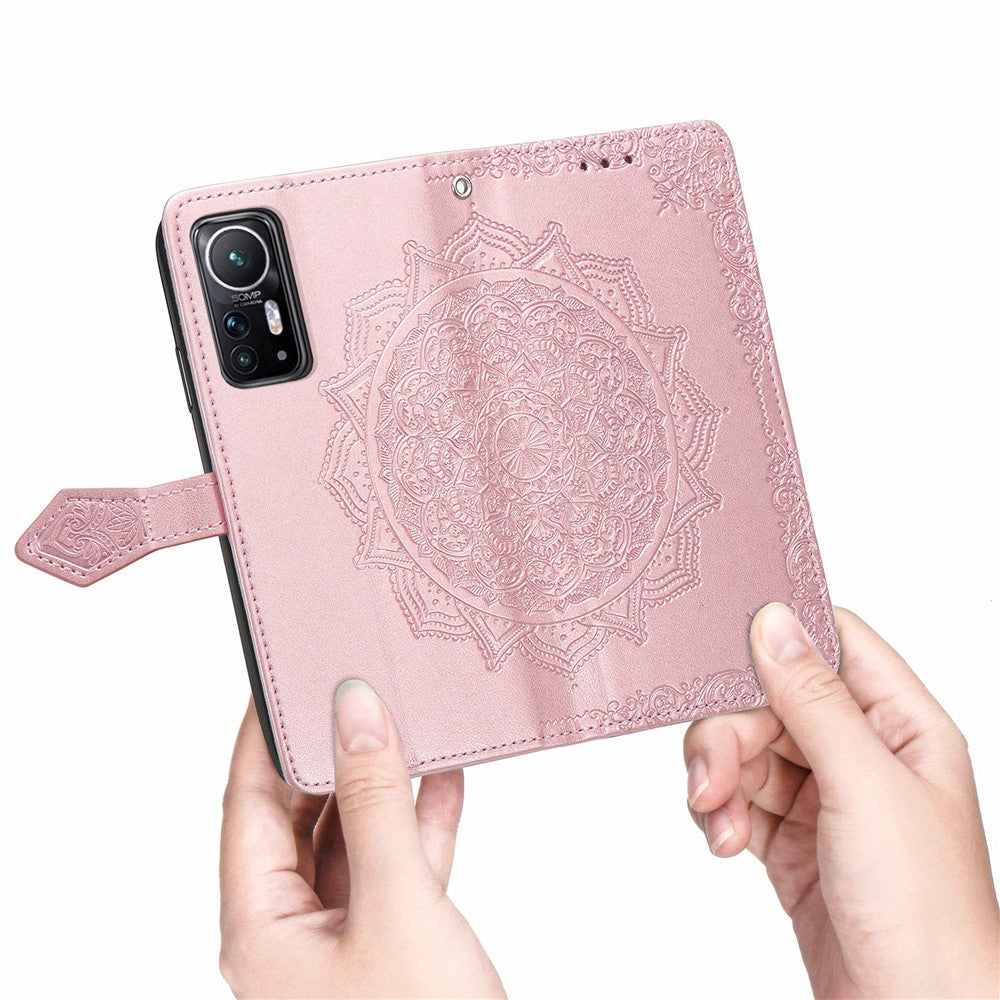 Xiaomi 12 5G/12X 5G/12S 5G Präglad Mandala Blomma PU-läder Magnetiskt Flip-skal Plånboksfodral Stötsäkert Skyddande mobilfodral med Rem