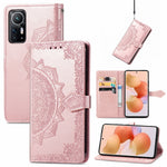 Xiaomi 12 5G/12X 5G/12S 5G præget mandalablomst, PU-læder, magnetisk flipcover i pungdesign, stødsikkert beskyttelsescover til mobil med rem