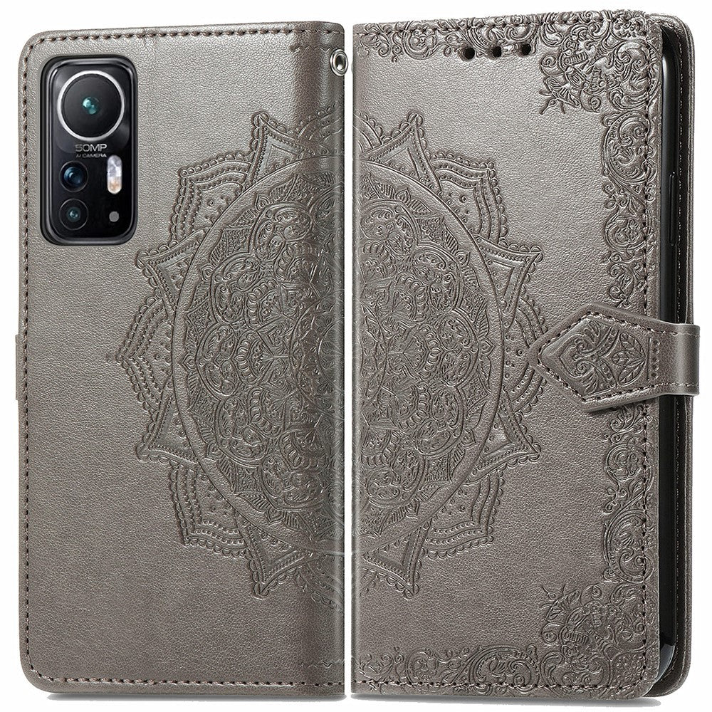 Xiaomi 12 5G/12X 5G/12S 5G præget mandalablomst, PU-læder, magnetisk flipcover i pungdesign, stødsikkert beskyttelsescover til mobil med rem