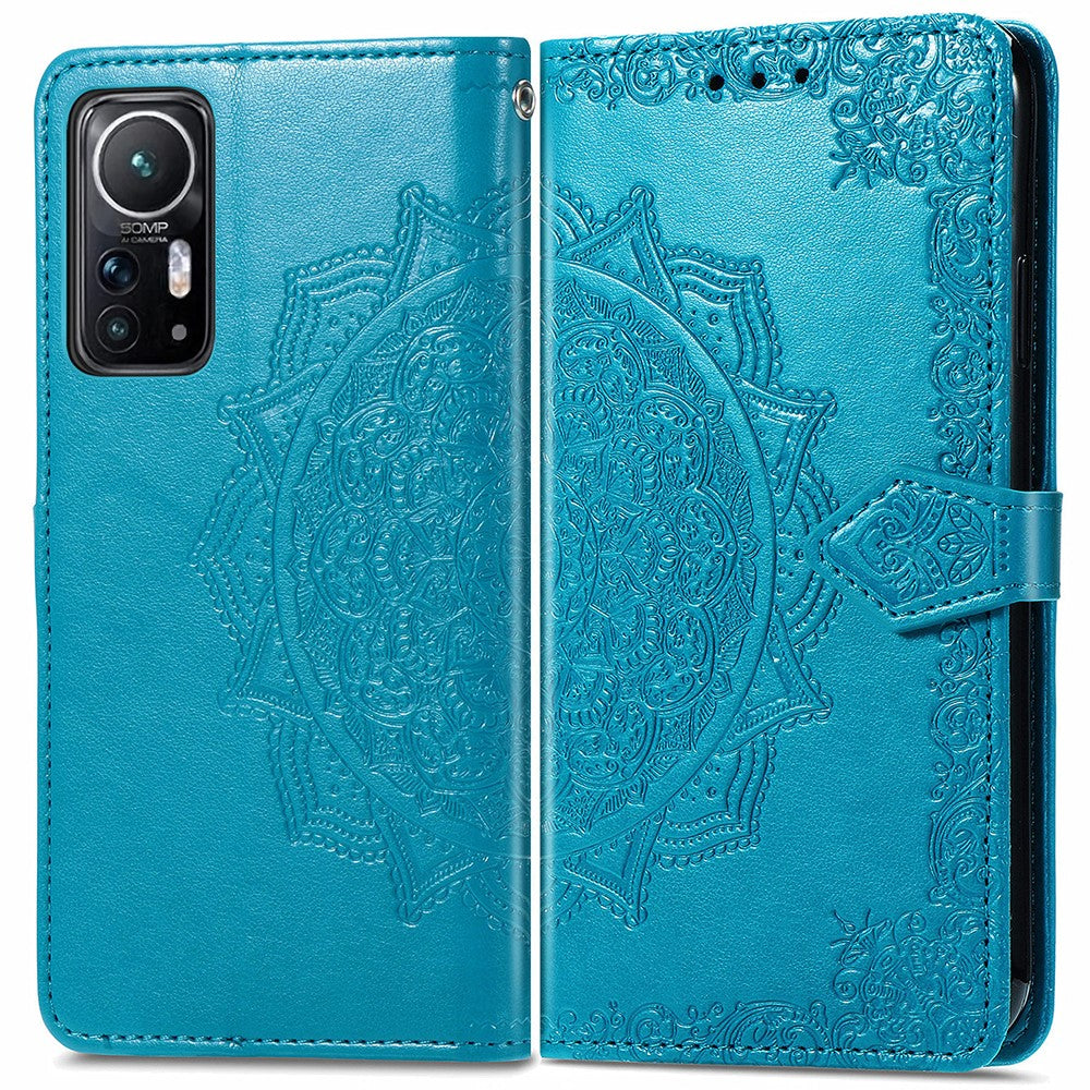 Xiaomi 12 5G/12X 5G/12S 5G præget mandalablomst, PU-læder, magnetisk flipcover i pungdesign, stødsikkert beskyttelsescover til mobil med rem