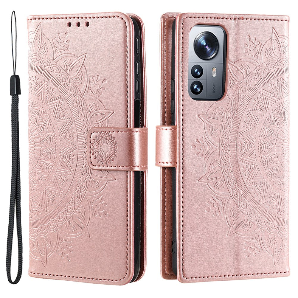 For Xiaomi 12 Pro 5G / 12S Pro 5G /12 Pro (Dimensity) 5G Imprinted Mandala Pattern PU Leather Flip Shockproof Cover Wallet Stand TPU Interior Shell with Strap
