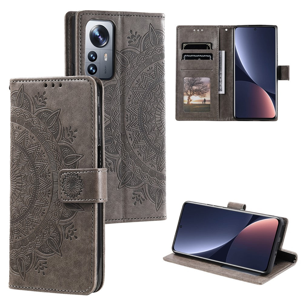 For Xiaomi 12 5G/12X 5G/12S 5G Imprinted Mandala Flower Flip Phone Cover PU Leather Wallet Stand Shockproof Protective Case with Strap