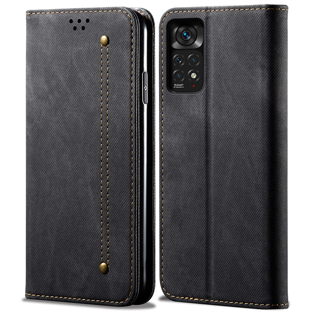For Xiaomi Redmi Note 11S 4G / Redmi Note 11 4G (Qualcomm) Jeans Cloth Texture PU Leather Phone Case Wallet Stand Magnetic Absorption Shockproof Cover