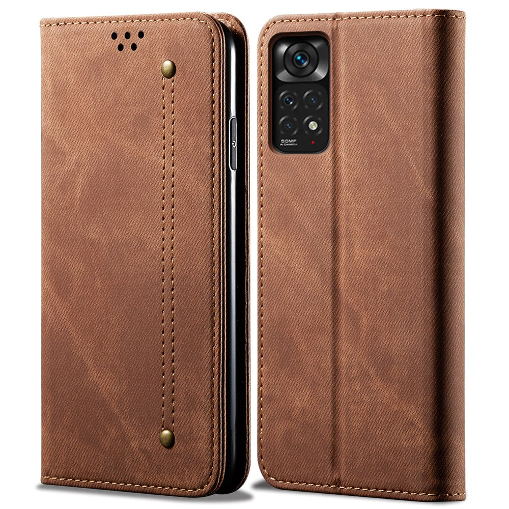 For Xiaomi Redmi Note 11S 4G / Redmi Note 11 4G (Qualcomm) Jeans Cloth Texture PU Leather Phone Case Wallet Stand Magnetic Absorption Shockproof Cover