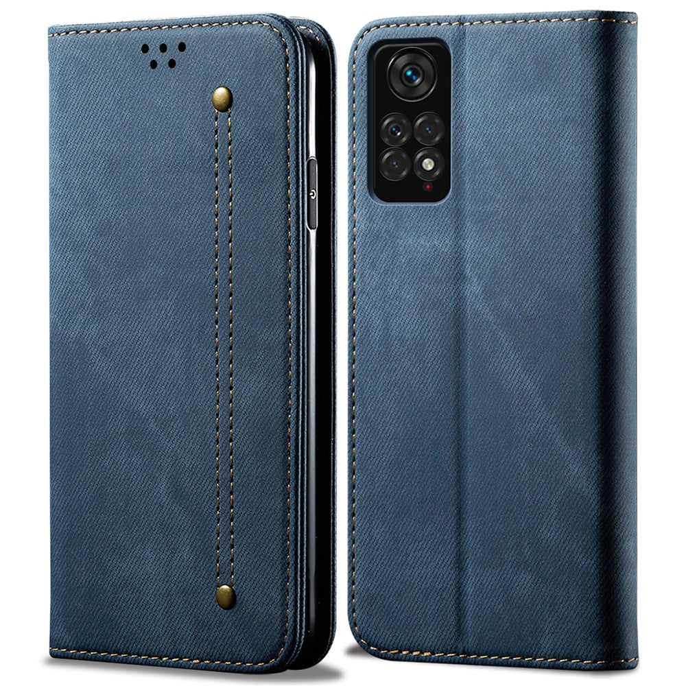 For Xiaomi Redmi Note 11S 4G / Redmi Note 11 4G (Qualcomm) Jeans Cloth Texture PU Leather Phone Case Wallet Stand Magnetic Absorption Shockproof Cover