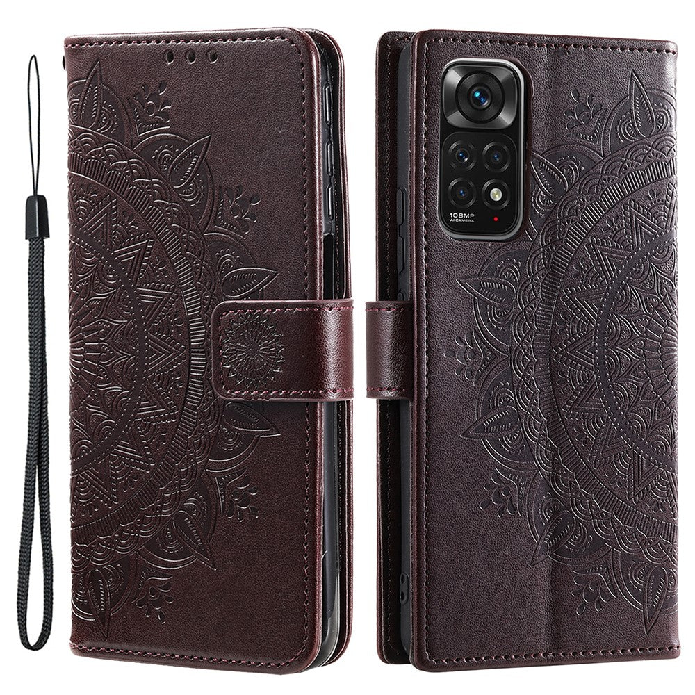 Xiaomi Redmi Note 11S 4G/Note 11 4G (Qualcomm) Läderfodral med präglad mandalablomma, plånboksfodral, mobilskal med handledsrem