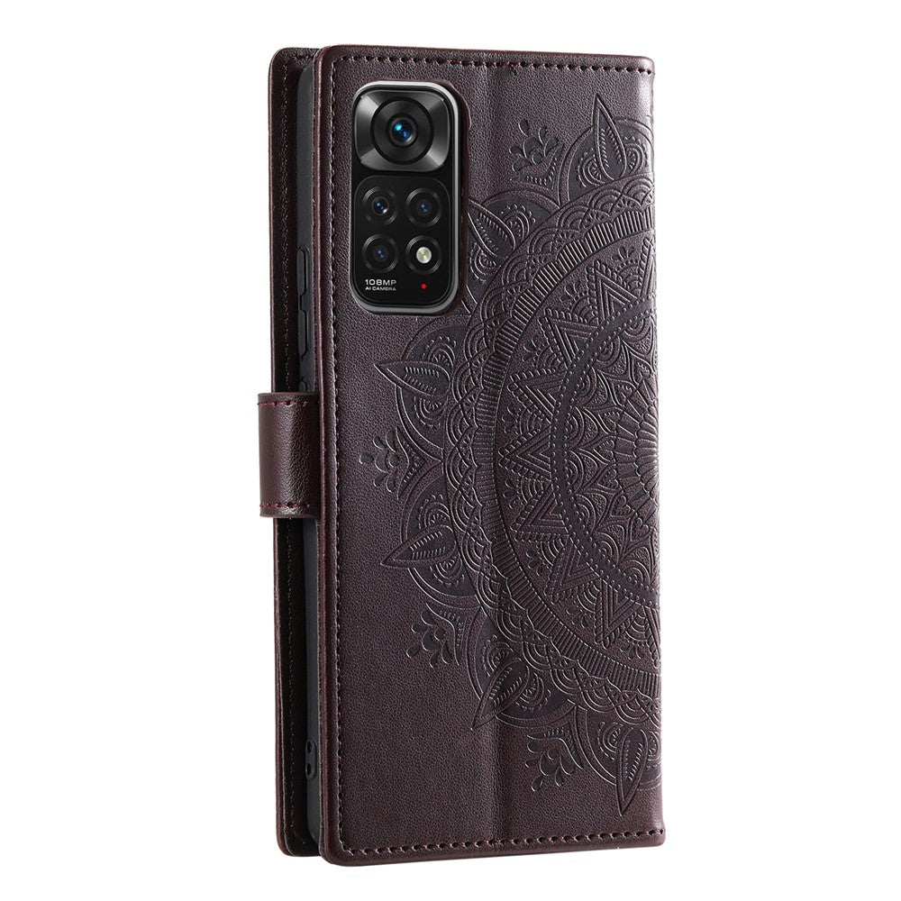 Xiaomi Redmi Note 11S 4G/Note 11 4G (Qualcomm) Läderfodral med präglad mandalablomma, plånboksfodral, mobilskal med handledsrem