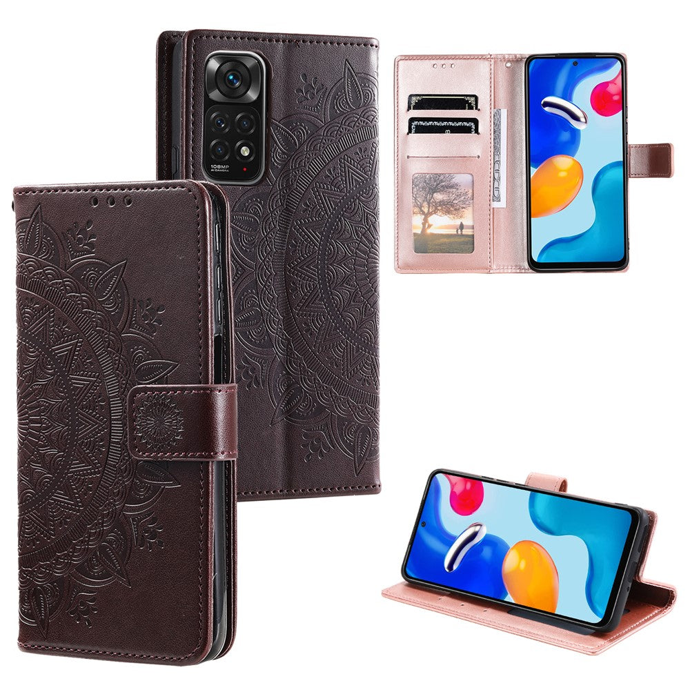 Xiaomi Redmi Note 11S 4G/Note 11 4G (Qualcomm) Läderfodral med präglad mandalablomma, plånboksfodral, mobilskal med handledsrem