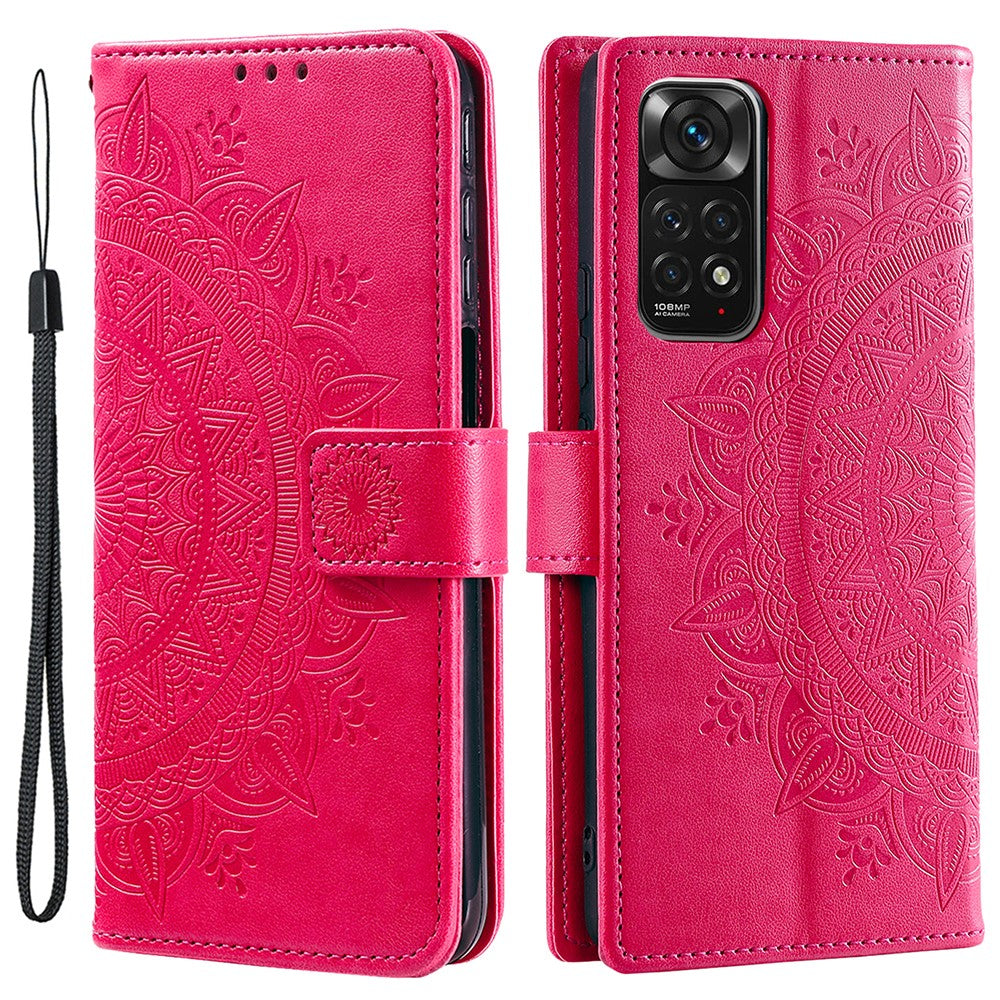 Xiaomi Redmi Note 11S 4G/Note 11 4G (Qualcomm) Läderfodral med präglad mandalablomma, plånboksfodral, mobilskal med handledsrem
