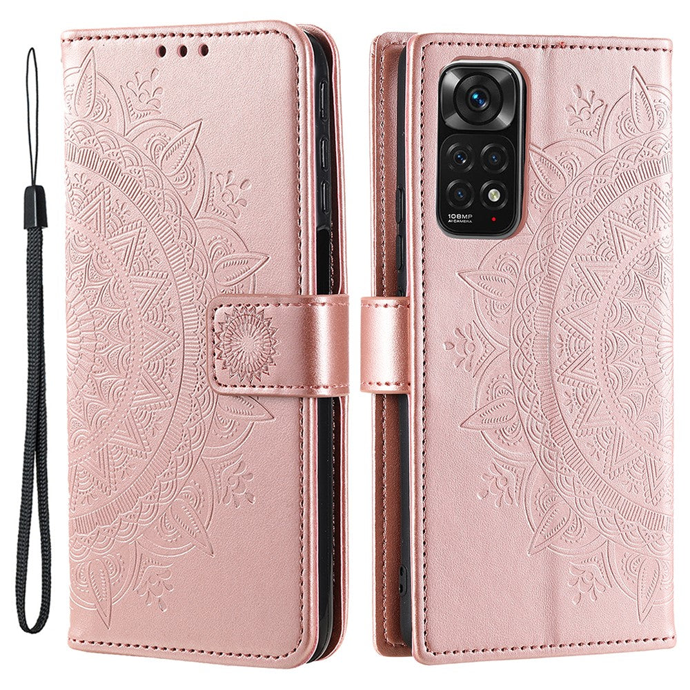 Xiaomi Redmi Note 11S 4G/Note 11 4G (Qualcomm) Läderfodral med präglad mandalablomma, plånboksfodral, mobilskal med handledsrem