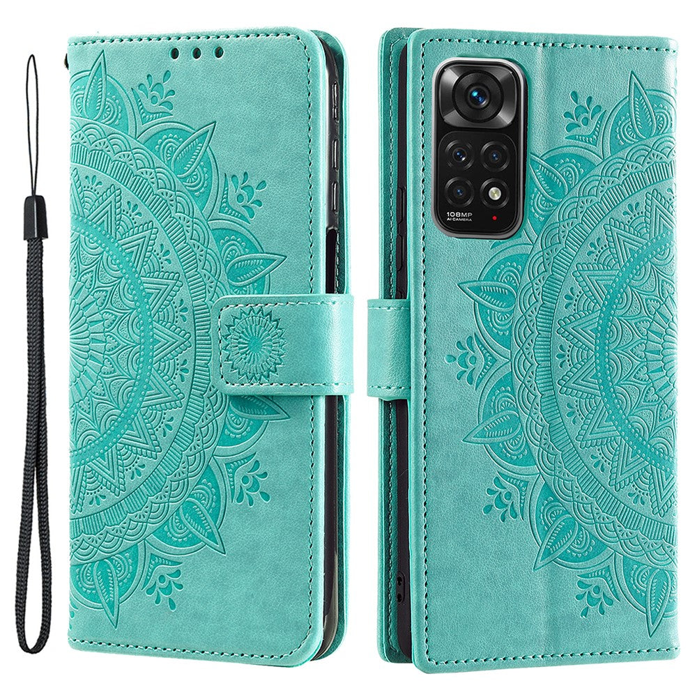 Xiaomi Redmi Note 11S 4G/Note 11 4G (Qualcomm) Läderfodral med präglad mandalablomma, plånboksfodral, mobilskal med handledsrem